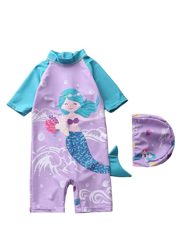 SISGL Children's Swimsuit For Girls Mermaid Design Short Sleeve With Cap One Piece Surfing Suit Baby Swimming Pool Girl Swimsuit - Image 1