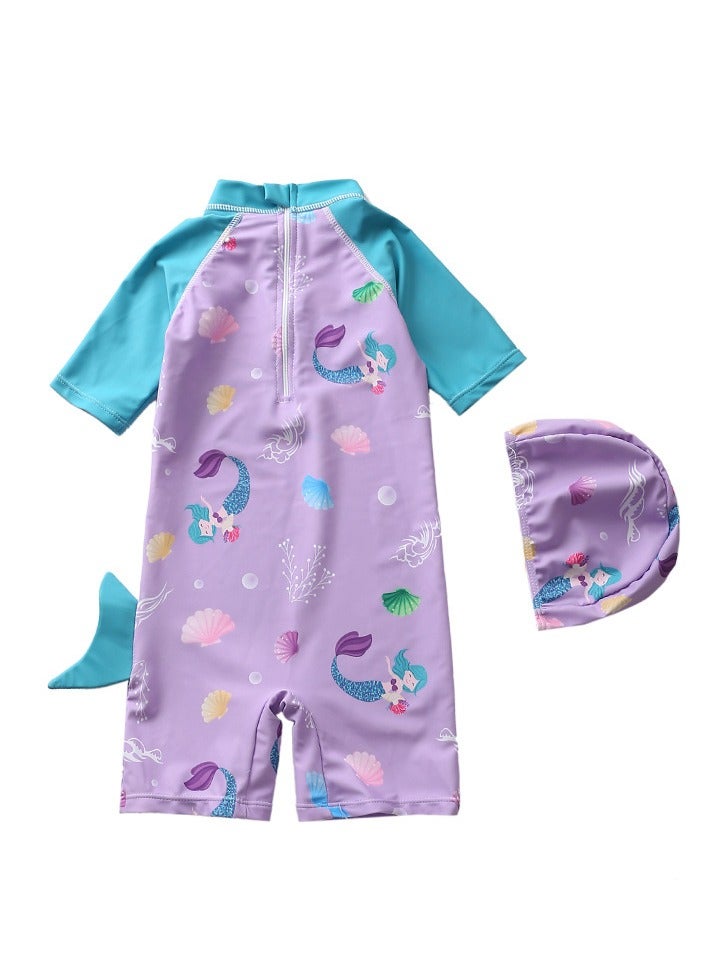 SISGL Children's Swimsuit For Girls Mermaid Design Short Sleeve With Cap One Piece Surfing Suit Baby Swimming Pool Girl Swimsuit - Image 2