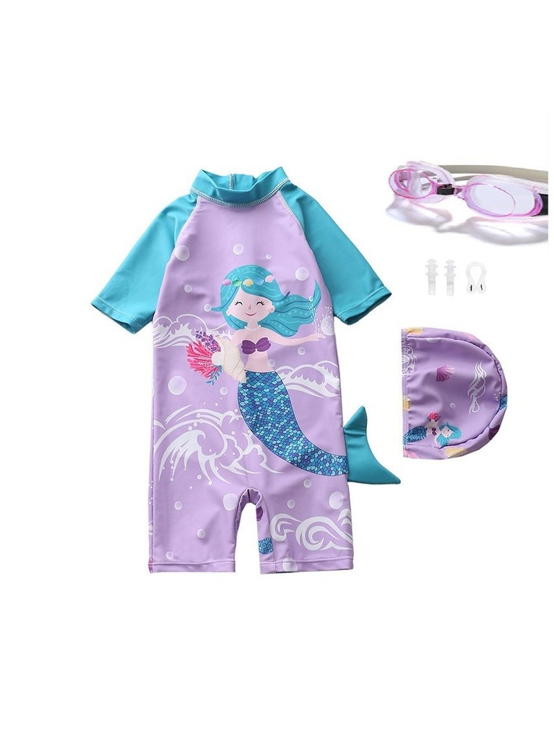 SISGL Children's Swimsuit For Girls Mermaid Design Short Sleeve With Cap One Piece Surfing Suit Baby Swimming Pool Girl Swimsuit - Image 1