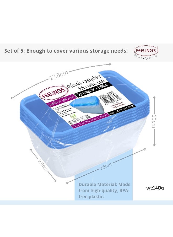 Feelings FEELINGS Plastic Food Containers with Lids, 5-Piece Set, 1000ml Each, BPA-Free, Airtight, Freezer/Microwave/Dishwasher Safe, Space-Saving  - Image 4