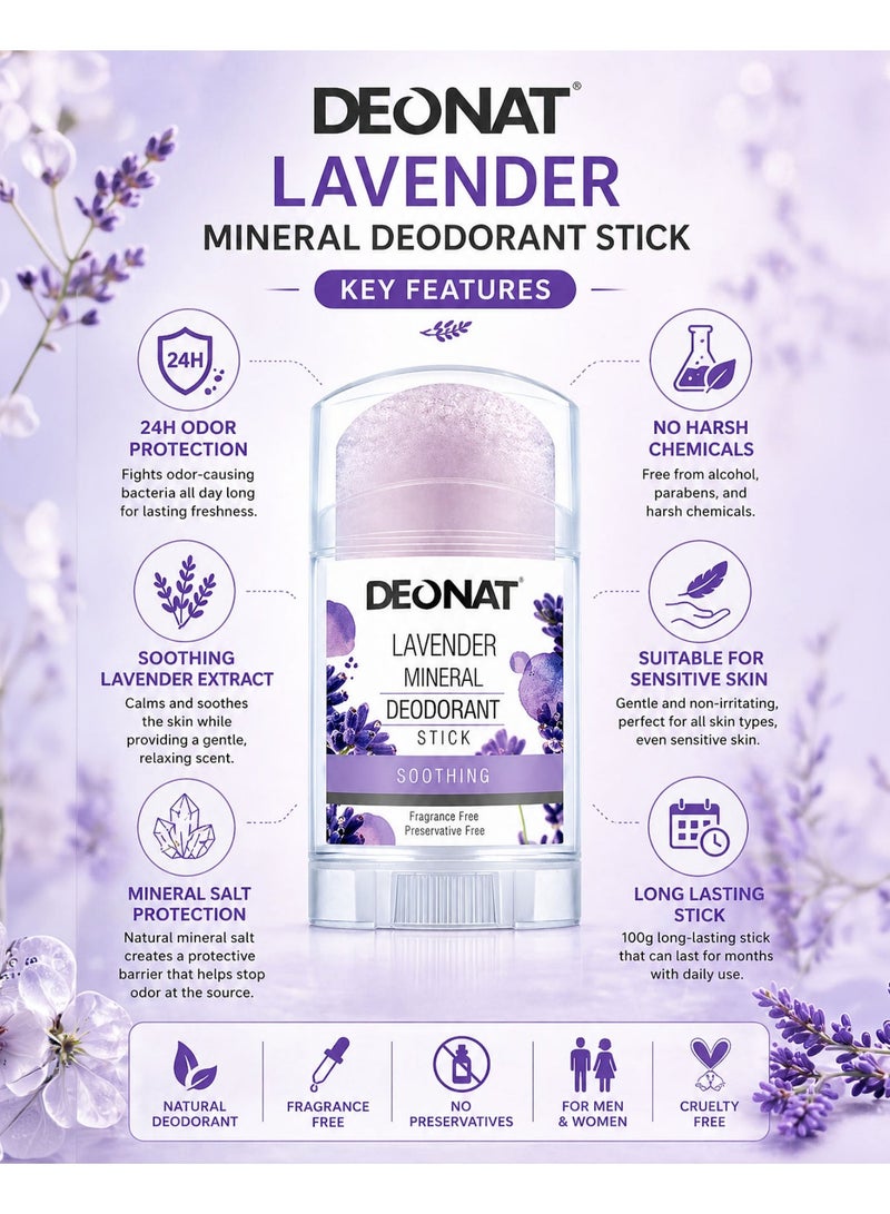 DEONAT Lavender Mineral Deodorant Stick 100g Pack of 2 Natural Alum Crystal Deodorant Antibacterial Anti Odor Soothing Underarm Care for Sensitive Skin Non Staining Long Lasting All Day Protection for Men and Women - Image 2