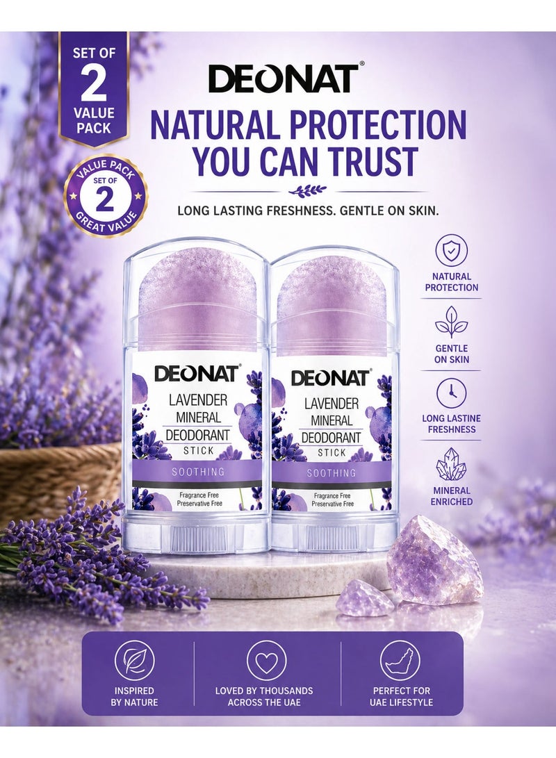DEONAT Lavender Mineral Deodorant Stick 100g Pack of 2 Natural Alum Crystal Deodorant Antibacterial Anti Odor Soothing Underarm Care for Sensitive Skin Non Staining Long Lasting All Day Protection for Men and Women - Image 1