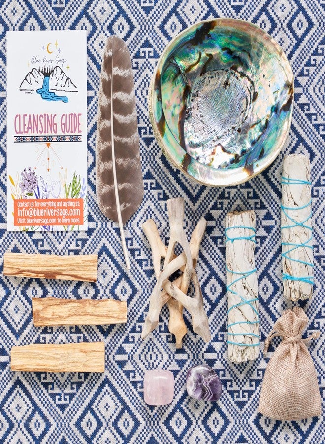 BLUE RIVER SAGE Home Cleansing & Smudging Kit with White Sage, Palo Santo, Abalone & Stand, Smudge Feather & Guide - Smudge Kit with Sage Smudge Sticks - Image 5