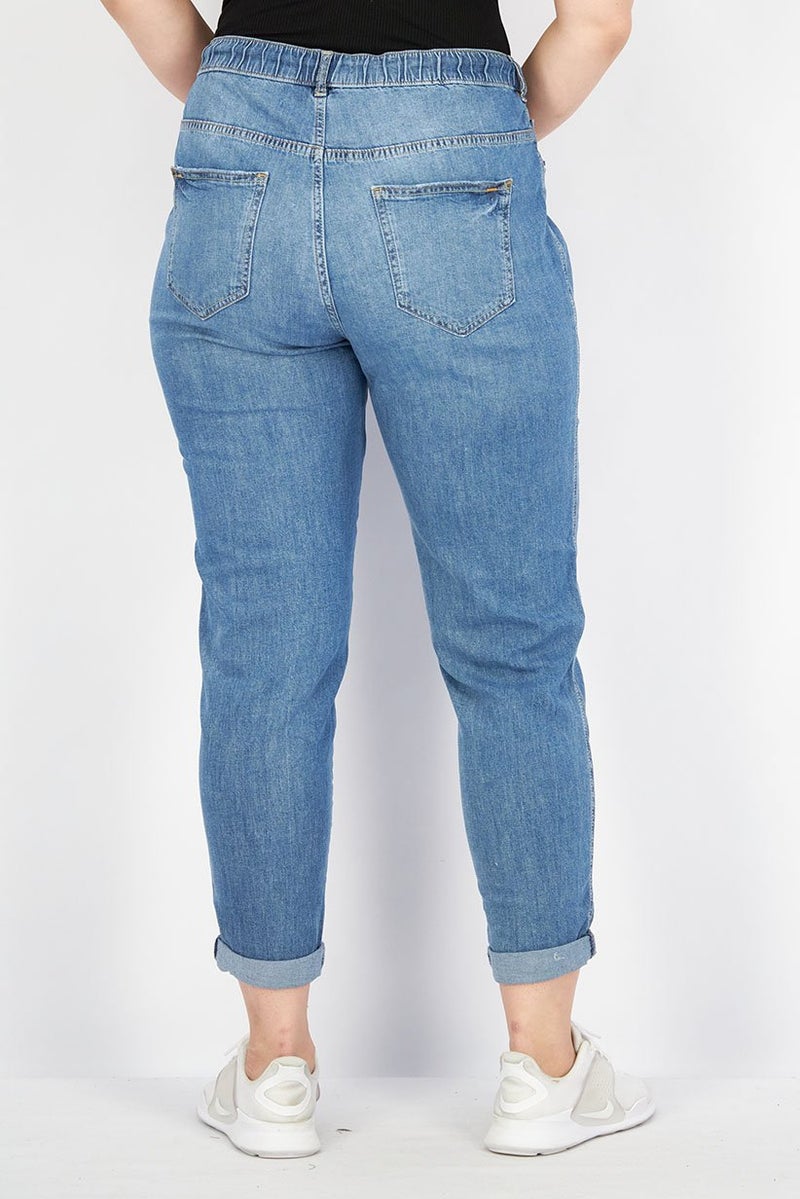 EDC Women Stretchable Drawstring Denim Jeans, Washed Blue - Image 3