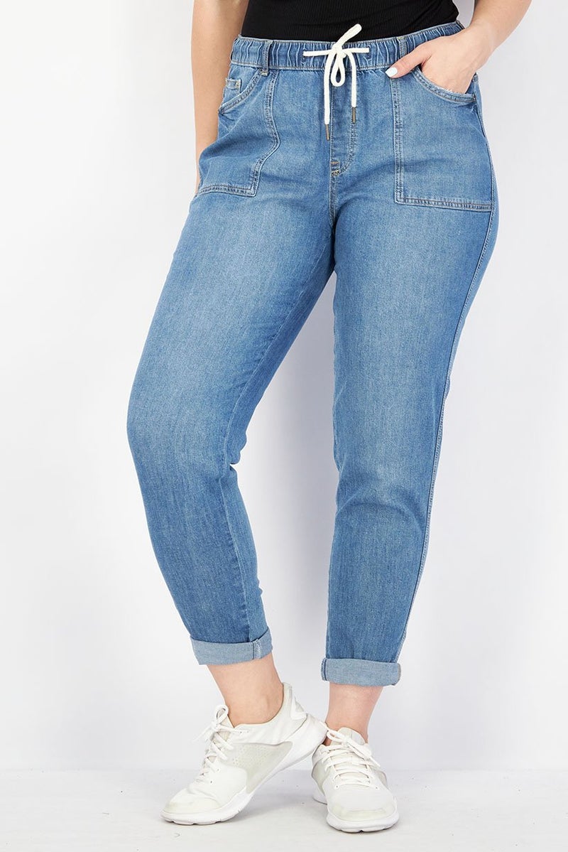 EDC Women Stretchable Drawstring Denim Jeans, Washed Blue - Image 1