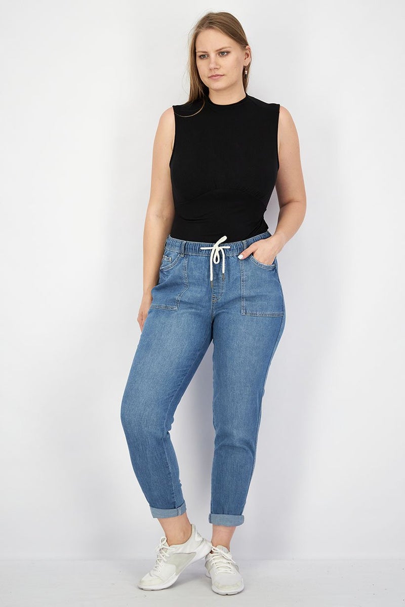 EDC Women Stretchable Drawstring Denim Jeans, Washed Blue - Image 2