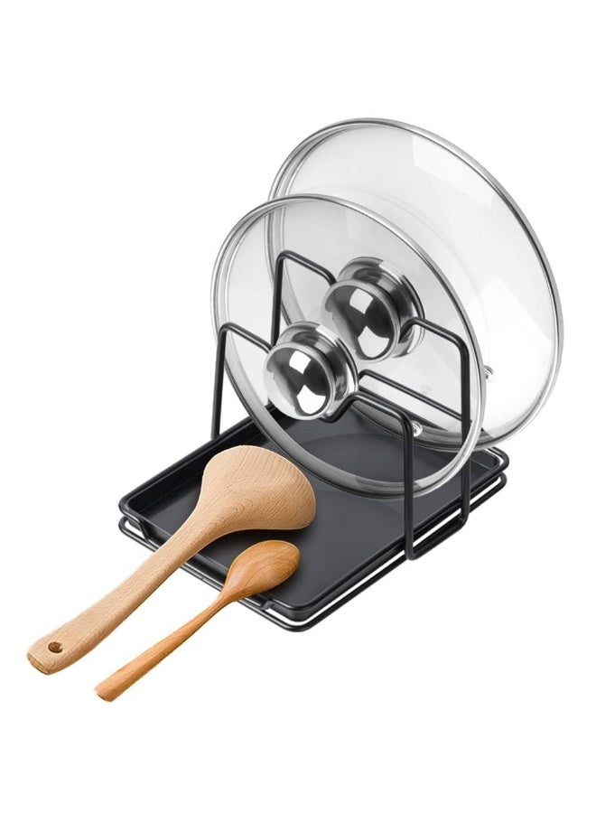 2-Layer Pot Lid Holder with Drip Tray – Multifunctional Lid Organizer & Spoon Rest Rack for Kitchen Countertop, Non-Slip Iron Stand, Black - Image 1