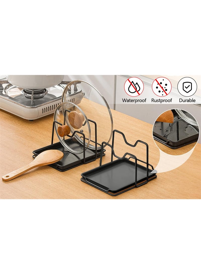 2-Layer Pot Lid Holder with Drip Tray – Multifunctional Lid Organizer & Spoon Rest Rack for Kitchen Countertop, Non-Slip Iron Stand, Black - Image 4