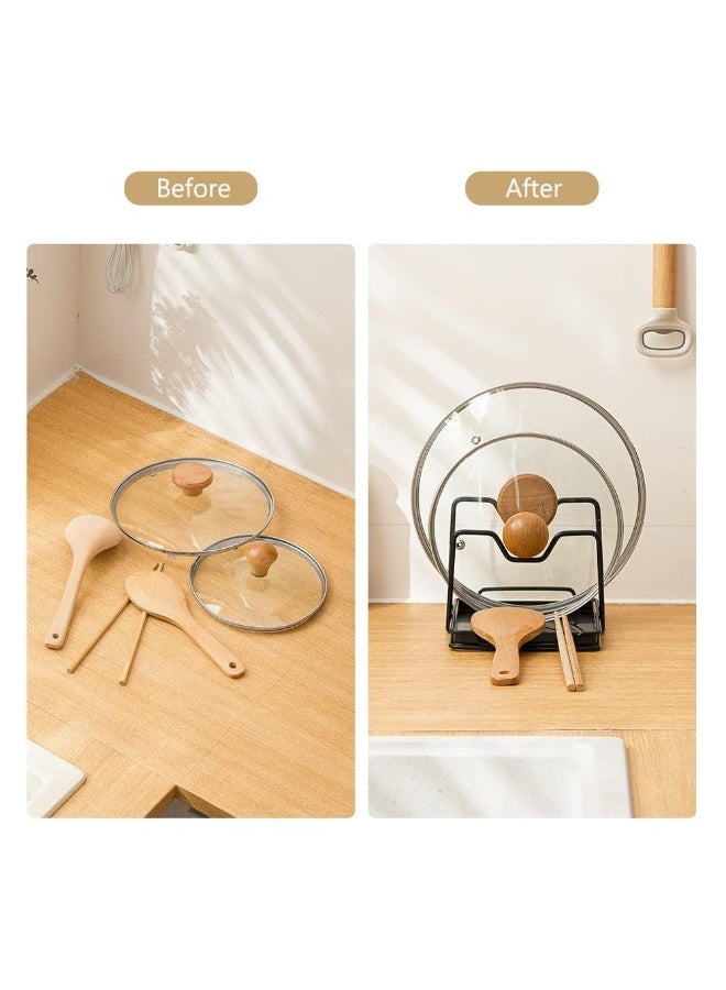 2-Layer Pot Lid Holder with Drip Tray – Multifunctional Lid Organizer & Spoon Rest Rack for Kitchen Countertop, Non-Slip Iron Stand, Black - Image 5