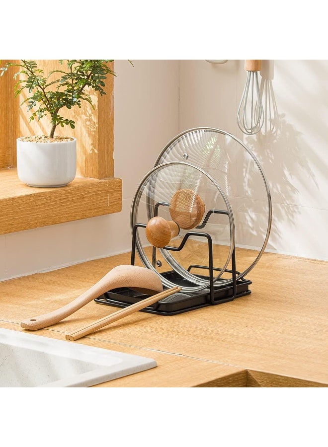 2-Layer Pot Lid Holder with Drip Tray – Multifunctional Lid Organizer & Spoon Rest Rack for Kitchen Countertop, Non-Slip Iron Stand, Black - Image 2