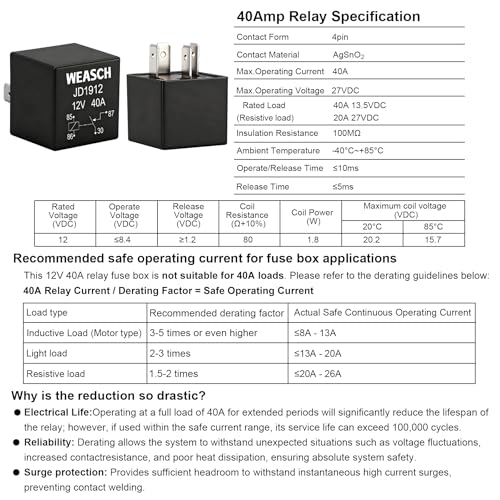Weasch 12V 3 Way Pre-Wired Fuse Relay Box, 3 Relays and 3 ATC/ATO Blade Fuses, 4-Pin 40A Relay Block and Kit, for Cars Truck Jeep - Image 4
