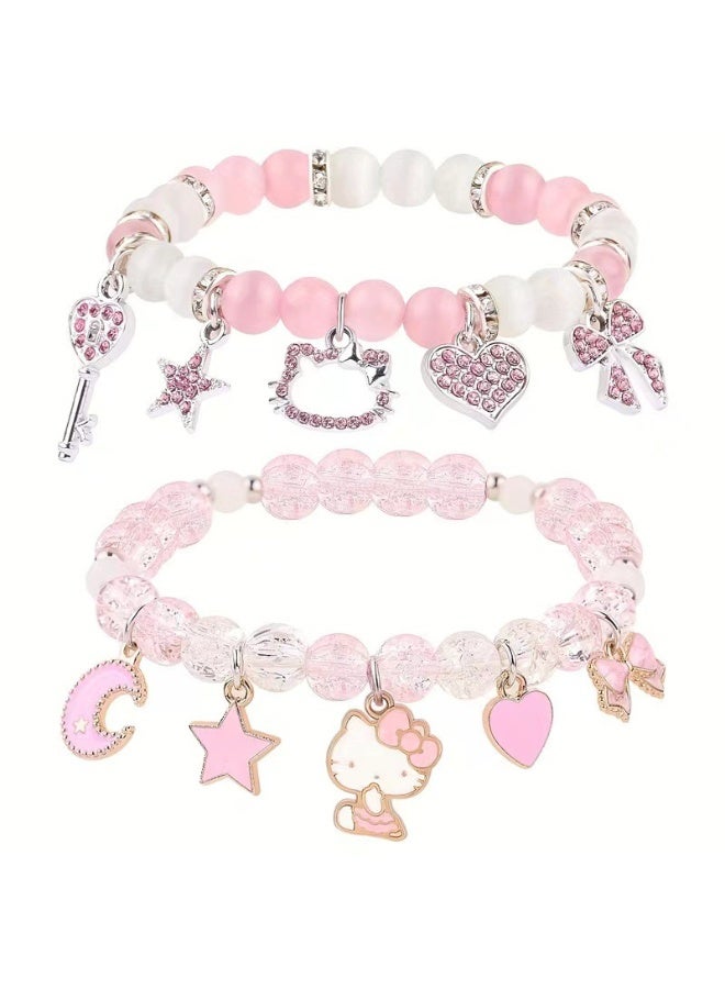 YUCCA Cute Cat Bracelet Stuff Kawaii Matching Bracelets Set Crystal Bead Friendship Bracelets Birthday Christmas Valentine's Day BFF Distance Jewelry Gifts for Women Girlfriend Best Friend Sister (Cat Eye + Crystal Stone) - Image 1