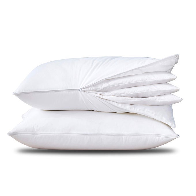 ADJUSTABLE LAYER GOOSE FEATHER PILLOWASSEMBLABLE BED PILLOW100 SOFT COTTON COVERGOOD FOR SIDE AND BACK STOMACH SLEEPER STANDARDQUEEN SIZEPACKAGING INCLUDE 2 PILLOWS