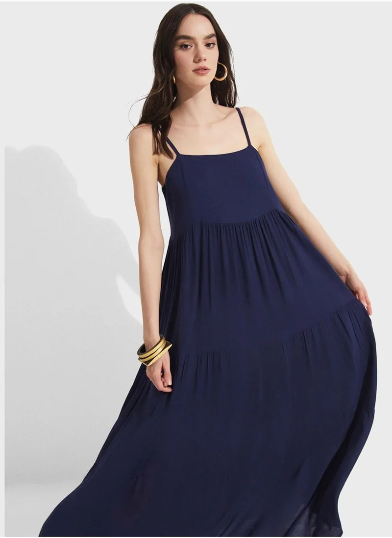 JUNE Tiered Navy Maxi Dress