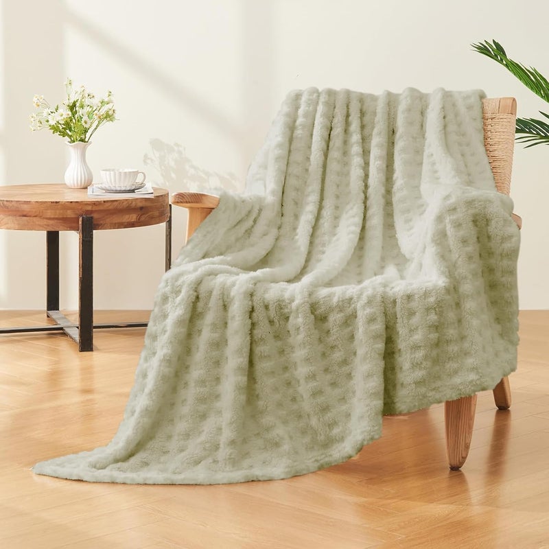 Wajade Fleece Throw Blanket, Fluffy Faux Fur Blanket for Bed Sofa Couch, Soft Warm Thick Blanket,waffle Sage Green-127X178 - Image 3