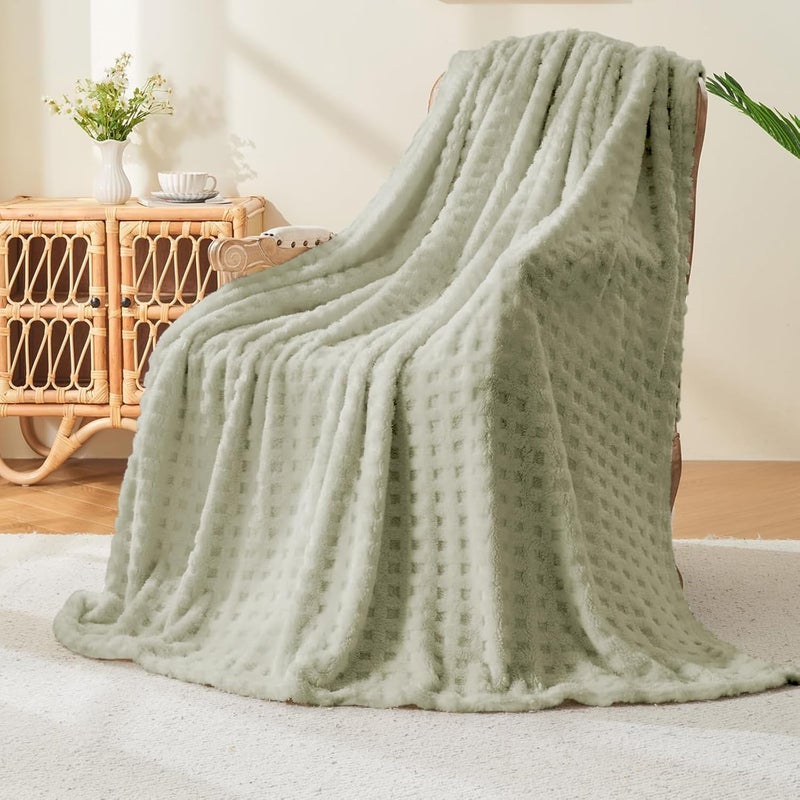 Wajade Fleece Throw Blanket, Fluffy Faux Fur Blanket for Bed Sofa Couch, Soft Warm Thick Blanket,waffle Sage Green-127X178 - Image 1