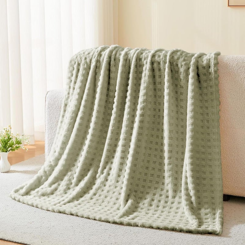 Wajade Fleece Throw Blanket, Fluffy Faux Fur Blanket for Bed Sofa Couch, Soft Warm Thick Blanket,waffle Sage Green-127X178 - Image 5