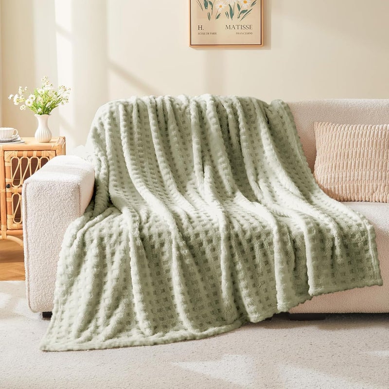 Wajade Fleece Throw Blanket, Fluffy Faux Fur Blanket for Bed Sofa Couch, Soft Warm Thick Blanket,waffle Sage Green-127X178 - Image 2