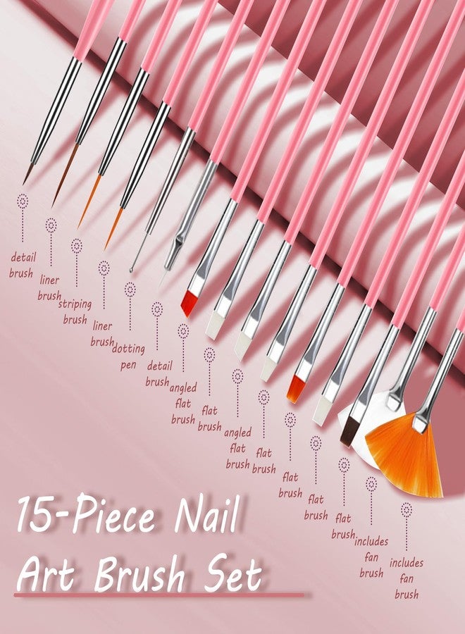 Kootinn 15 Pcs Nail Art Acrylic Brush Set Painting Pen Art Salon Brush Tools Nail Decoration Kit (Pink) - Image 2