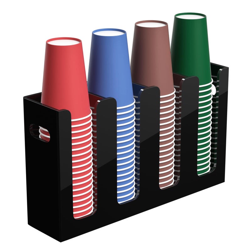 BOSSCASA Disposable Coffee Cup Dispenser with Handles Countertop or Wall Mount HotCold Drink Cup and Lid Holder  BathroomKitchenOffice Acrylic Cup Lid Storage Organizer 4 Compartments Black