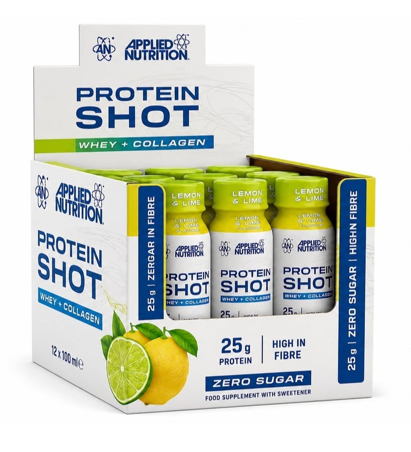 Applied Nutrition Protein Shot مشروب بروتين Whey + Collagen، يحتوي على 25g بروتين لكل عبوة، بدون سكر وغني بالألياف، ليمون ولايم، 12 × 100ml