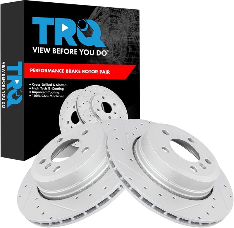 TRQ Rear Brake Rotor Set G Coated Drilled and Slotted Vented Compatible with 2004-2010 BMW X3 - Image 1