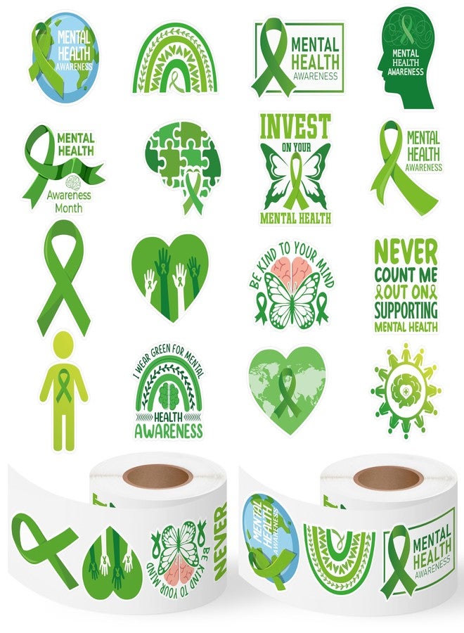 BkeeCten Mental Health Awareness Stickers - 1000 Pcs Green Ribbon Mental Health Awareness Month Waterproof Vinyl Reusable Laptop Stickers Coloring Scrapbook Water Bottle Page Activity Pad Party Favors - Image 1