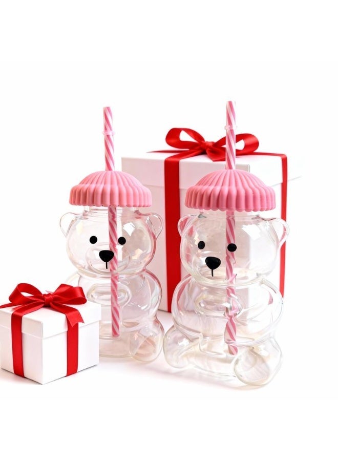 ECLux Cute Teddy Bear Glass Straw Cup, Seasonal Limited Edition Drink Cup, Coffee and Beverage Cup, Pink Lid, High Borosilicate Glass Material, 2026 Holiday Series Mug-shaped Water Cup, Iced Coffee Glass Cup - Image 2