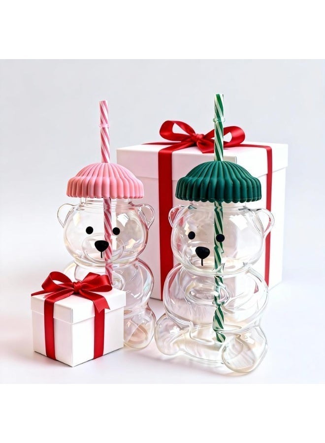 ECLux Cute Teddy Bear Glass Straw Cup, Seasonal Limited Edition Drink Cup, Coffee and Beverage Cup, Pink Lid, High Borosilicate Glass Material, 2026 Holiday Series Mug-shaped Water Cup, Iced Coffee Glass Cup - Image 4