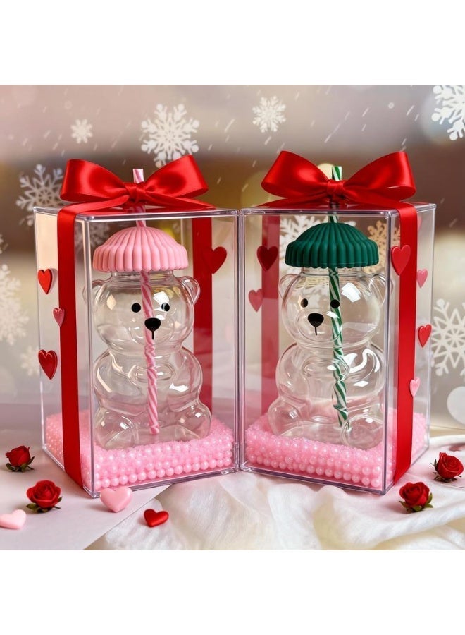 ECLux Cute Teddy Bear Glass Straw Cup, Seasonal Limited Edition Drink Cup, Coffee and Beverage Cup, Pink Lid, High Borosilicate Glass Material, 2026 Holiday Series Mug-shaped Water Cup, Iced Coffee Glass Cup - Image 5