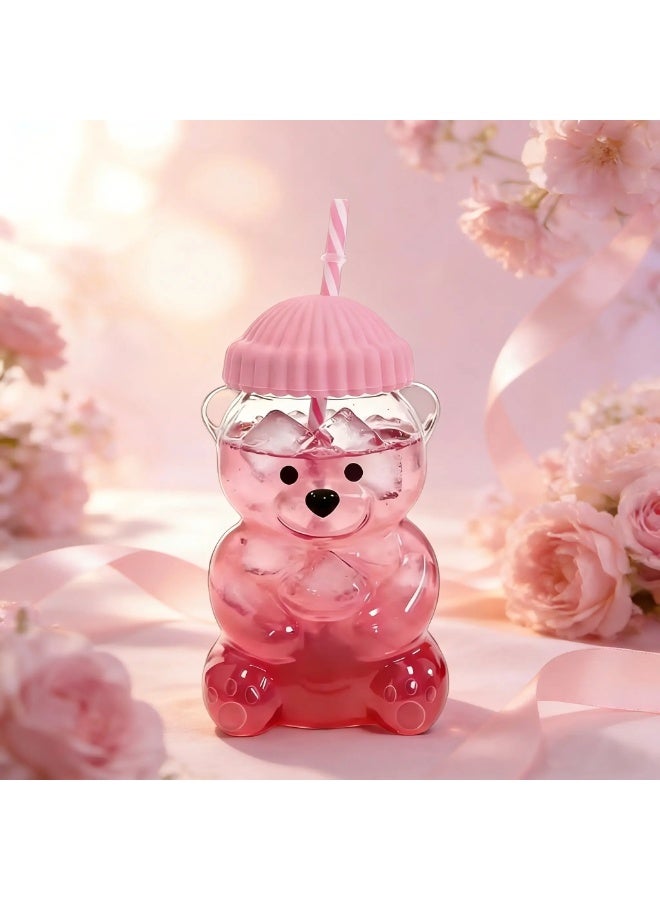 ECLux Cute Teddy Bear Glass Straw Cup, Seasonal Limited Edition Drink Cup, Coffee and Beverage Cup, Pink Lid, High Borosilicate Glass Material, 2026 Holiday Series Mug-shaped Water Cup, Iced Coffee Glass Cup - Image 1
