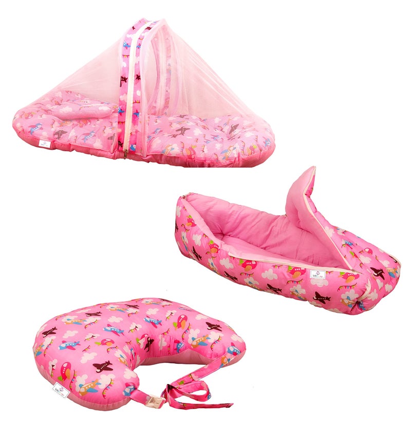 SafeChamp SafeChamp Skyler Baby Feeding Pillow, Bedding Set with Mosquito net and Sleeping Bag Combo (Pink) - Image 1