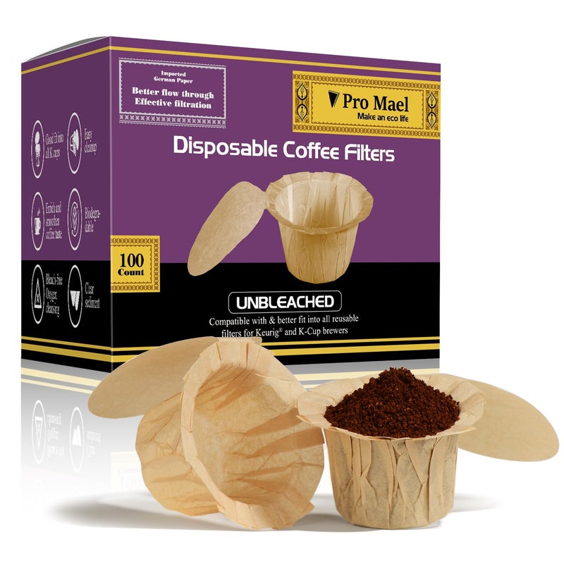 Pro Mael Disposable K Cup Filters with Lid Coffee Filter Paper for Keurig Brewers Single Serve 10 and 20 Use with Reusable K Cup Pods 100 Count Natural Unbleached