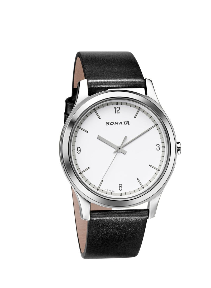 Sonata ساعة سوناتا كوارتز أنالوج بمينا بيضاء وحزام جلدي للرجال - Image 1