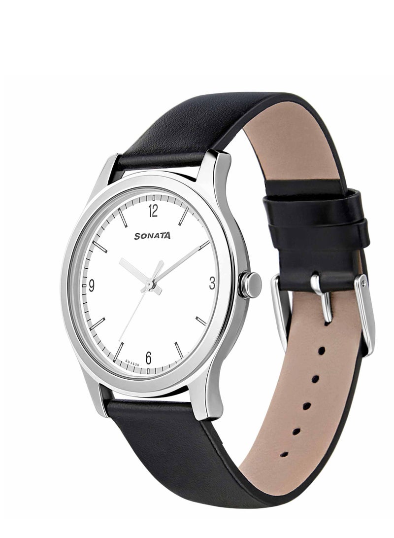 Sonata ساعة سوناتا كوارتز أنالوج بمينا بيضاء وحزام جلدي للرجال - Image 2