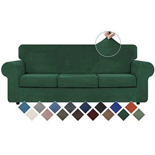WEERRW 4 Pieces Velvet High Stretch Couch Covers for 3 Cushion Couch Sofa Slipcovers, Washable Furniture Protector with Non Slip Elastic Bottom, Feature Soft Plush Fabric, Emerald Green, Large - Image 1