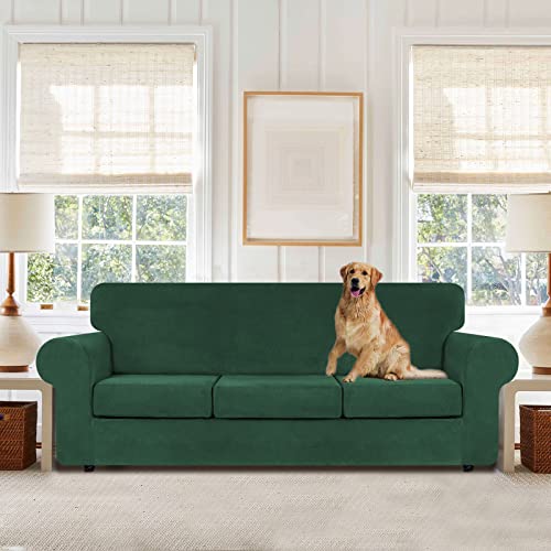 WEERRW 4 Pieces Velvet High Stretch Couch Covers for 3 Cushion Couch Sofa Slipcovers, Washable Furniture Protector with Non Slip Elastic Bottom, Feature Soft Plush Fabric, Emerald Green, Large - Image 2