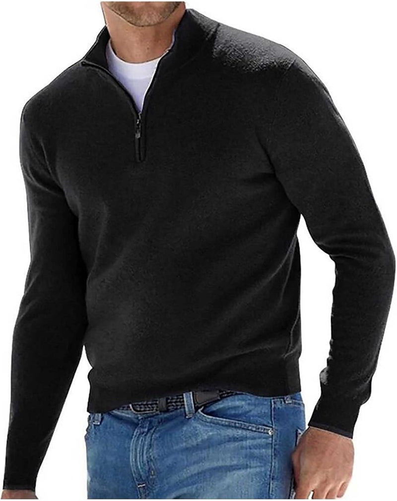 woobles Men's Autumn Winter Solid Sweater Fashion Wool Sweater Stand Up Collar Quarter Zipper Long Sleeved Knitted Pullovers 3X-Large 001-black - Image 3