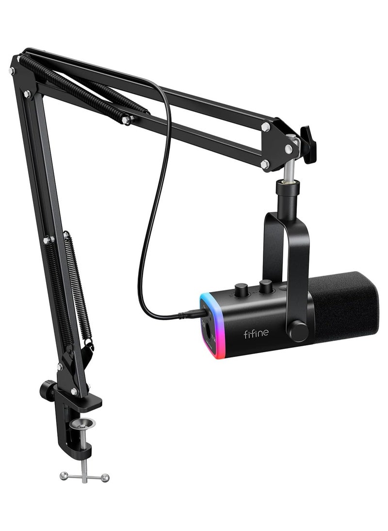 فيفين مجموعة ميكروفون ألعاب FIFINE XLR/USB، ميكروفون ديناميكي للكمبيوتر الشخصي لبث البودكاست، طقم ميكروفون RGB للكمبيوتر مع حامل ذراع بوم، زر كتم الصوت، مقبس سماعة رأس، لتسجيل الصوت عبر مكبر الصوت - AM8T  - Image 1