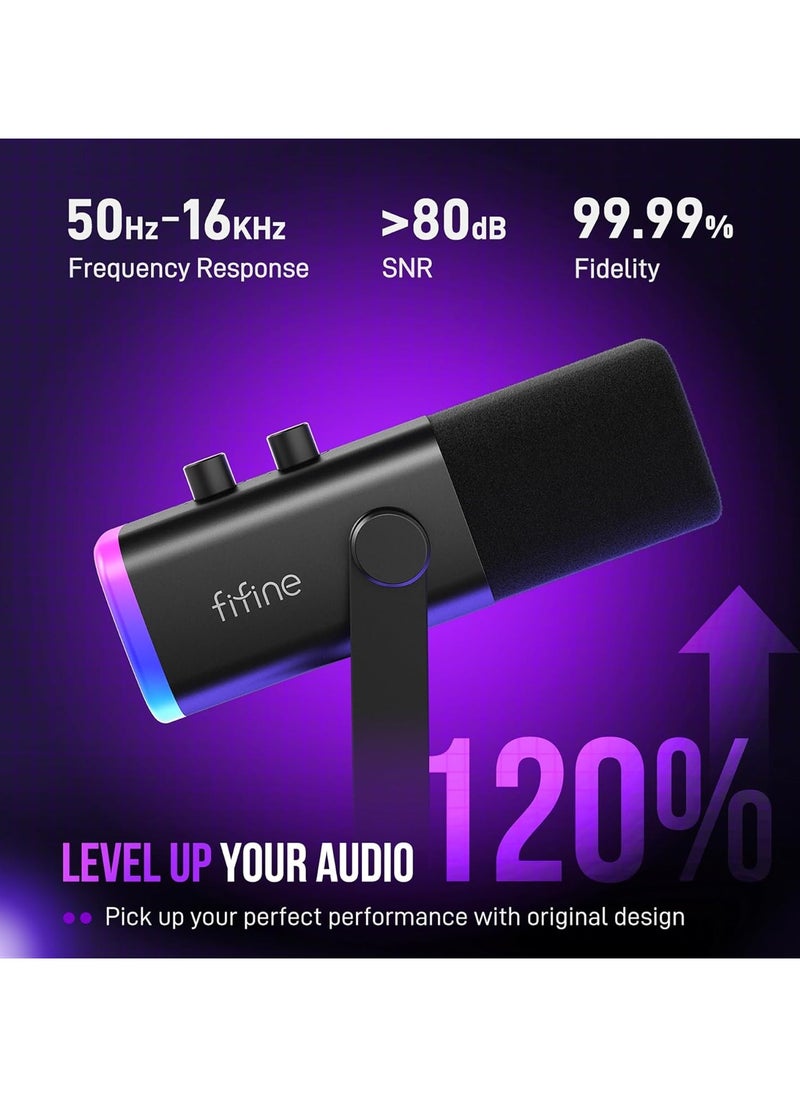 فيفين مجموعة ميكروفون ألعاب FIFINE XLR/USB، ميكروفون ديناميكي للكمبيوتر الشخصي لبث البودكاست، طقم ميكروفون RGB للكمبيوتر مع حامل ذراع بوم، زر كتم الصوت، مقبس سماعة رأس، لتسجيل الصوت عبر مكبر الصوت - AM8T  - Image 2