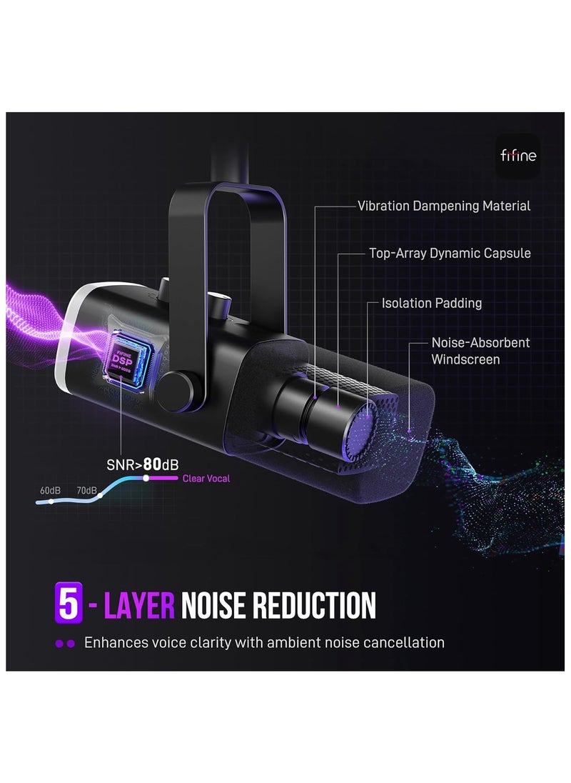 فيفين مجموعة ميكروفون ألعاب FIFINE XLR/USB، ميكروفون ديناميكي للكمبيوتر الشخصي لبث البودكاست، طقم ميكروفون RGB للكمبيوتر مع حامل ذراع بوم، زر كتم الصوت، مقبس سماعة رأس، لتسجيل الصوت عبر مكبر الصوت - AM8T  - Image 3