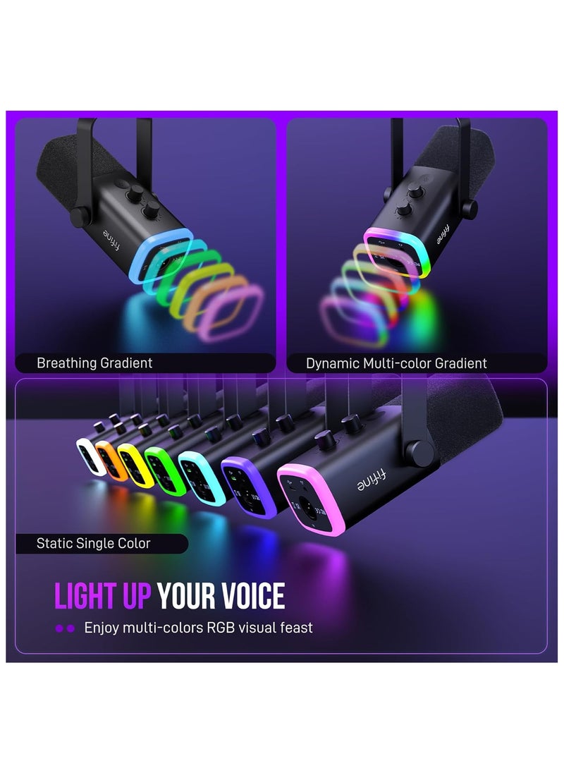 فيفين مجموعة ميكروفون ألعاب FIFINE XLR/USB، ميكروفون ديناميكي للكمبيوتر الشخصي لبث البودكاست، طقم ميكروفون RGB للكمبيوتر مع حامل ذراع بوم، زر كتم الصوت، مقبس سماعة رأس، لتسجيل الصوت عبر مكبر الصوت - AM8T  - Image 4