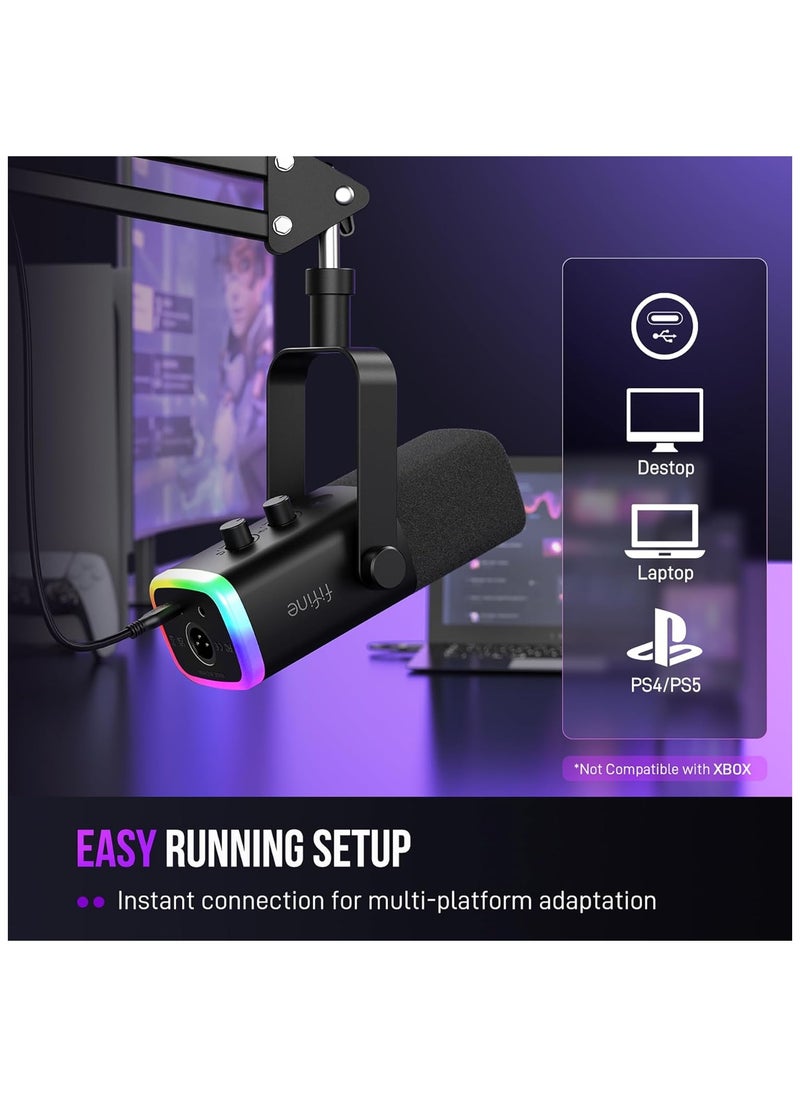 مجموعة ميكروفون ألعاب FIFINE XLR/USB، ميكروفون ديناميكي للكمبيوتر الشخصي لبث البودكاست، طقم ميكروفون RGB للكمبيوتر مع حامل ذراع بوم، زر كتم الصوت، مقبس سماعة رأس، لتسجيل الصوت عبر مكبر الصوت - AM8T