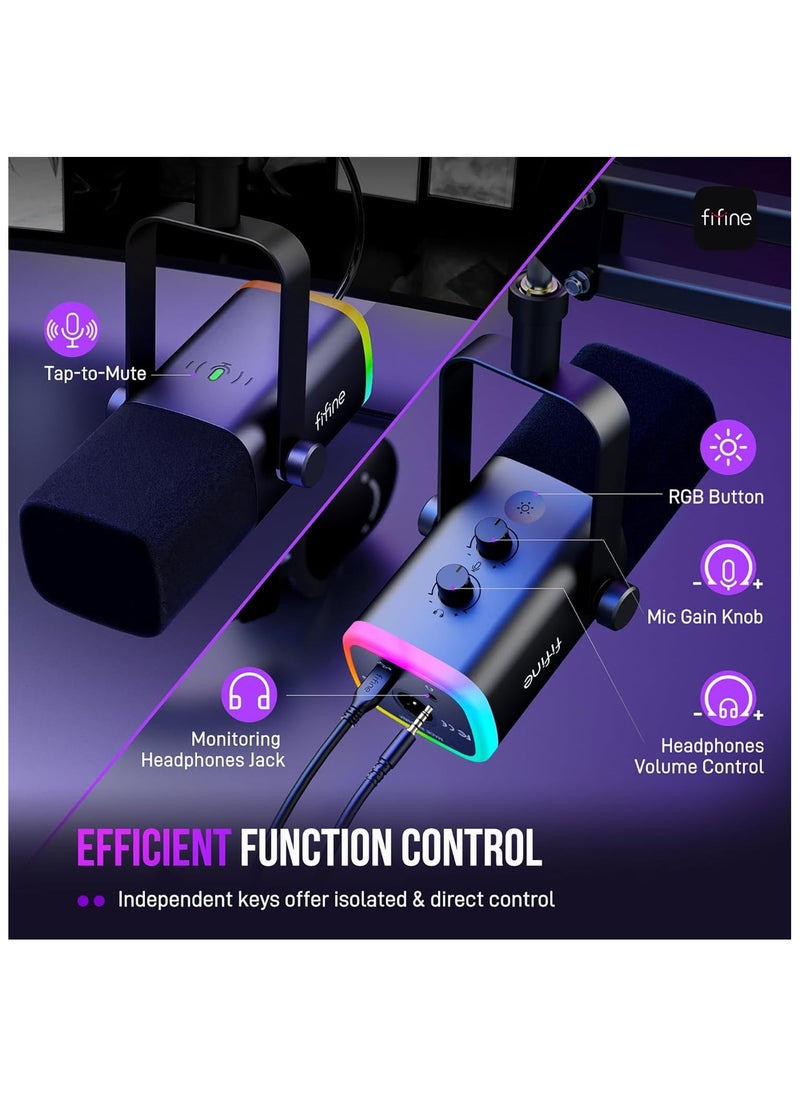مجموعة ميكروفون ألعاب FIFINE XLR/USB، ميكروفون ديناميكي للكمبيوتر الشخصي لبث البودكاست، طقم ميكروفون RGB للكمبيوتر مع حامل ذراع بوم، زر كتم الصوت، مقبس سماعة رأس، لتسجيل الصوت عبر مكبر الصوت - AM8T