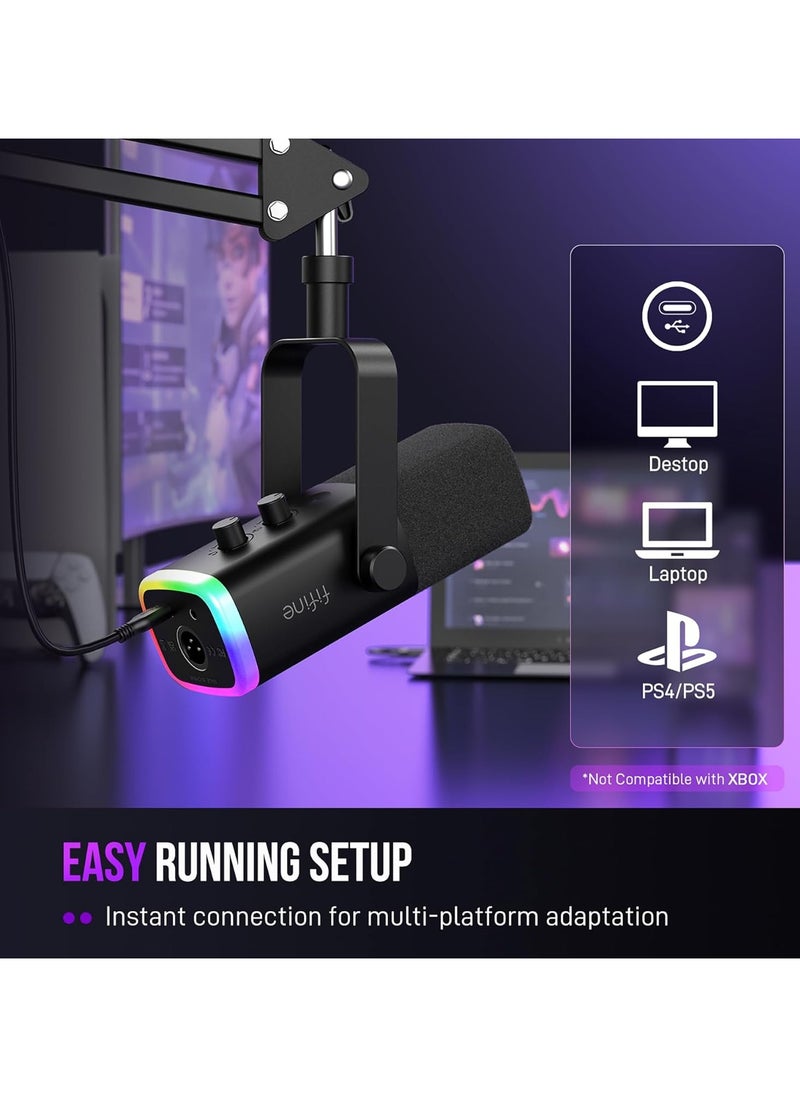 مجموعة ميكروفون ألعاب FIFINE XLR/USB، ميكروفون ديناميكي للكمبيوتر الشخصي لبث البودكاست، طقم ميكروفون RGB للكمبيوتر مع حامل ذراع بوم، زر كتم الصوت، مقبس سماعة رأس، لتسجيل الصوت عبر مكبر الصوت - AM8T