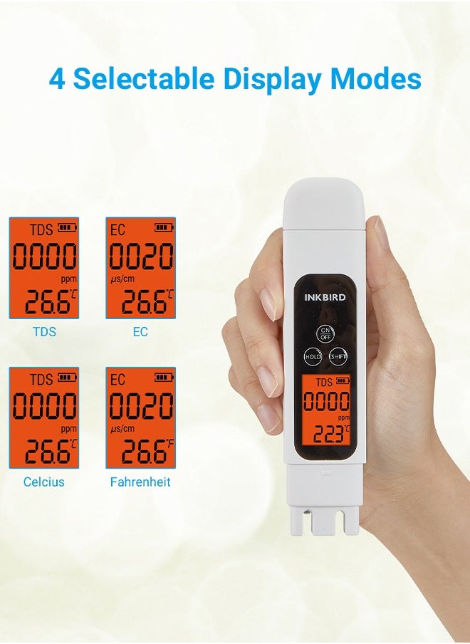 إنك بيرد - جهاز اختبار جودة المياه INKBIRD TDS EC ودرجة الحرارة 3 في 1 ITDS-01 شاشة LCD كبيرة بإضاءة خلفية وقراءة فورية بدقة عالية جهاز اختبار مياه للشرب والمياه المنزلية وإعدادات الزراعة المائية - Image 1