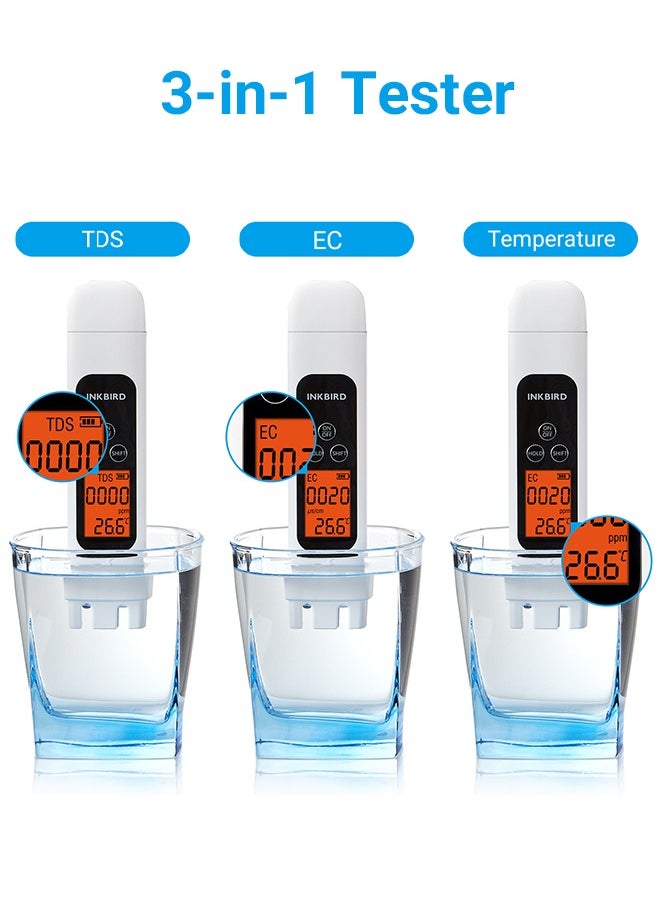 إنك بيرد - جهاز اختبار جودة المياه INKBIRD TDS EC ودرجة الحرارة 3 في 1 ITDS-01 شاشة LCD كبيرة بإضاءة خلفية وقراءة فورية بدقة عالية جهاز اختبار مياه للشرب والمياه المنزلية وإعدادات الزراعة المائية - Image 1