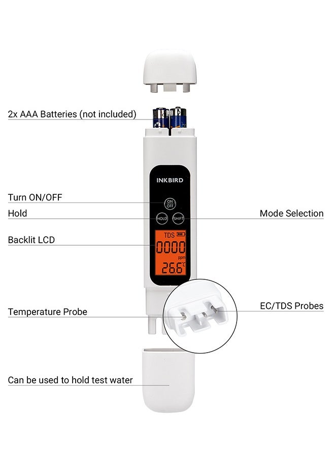 إنك بيرد - جهاز اختبار جودة المياه INKBIRD TDS EC ودرجة الحرارة 3 في 1 ITDS-01 شاشة LCD كبيرة بإضاءة خلفية وقراءة فورية بدقة عالية جهاز اختبار مياه للشرب والمياه المنزلية وإعدادات الزراعة المائية - Image 1
