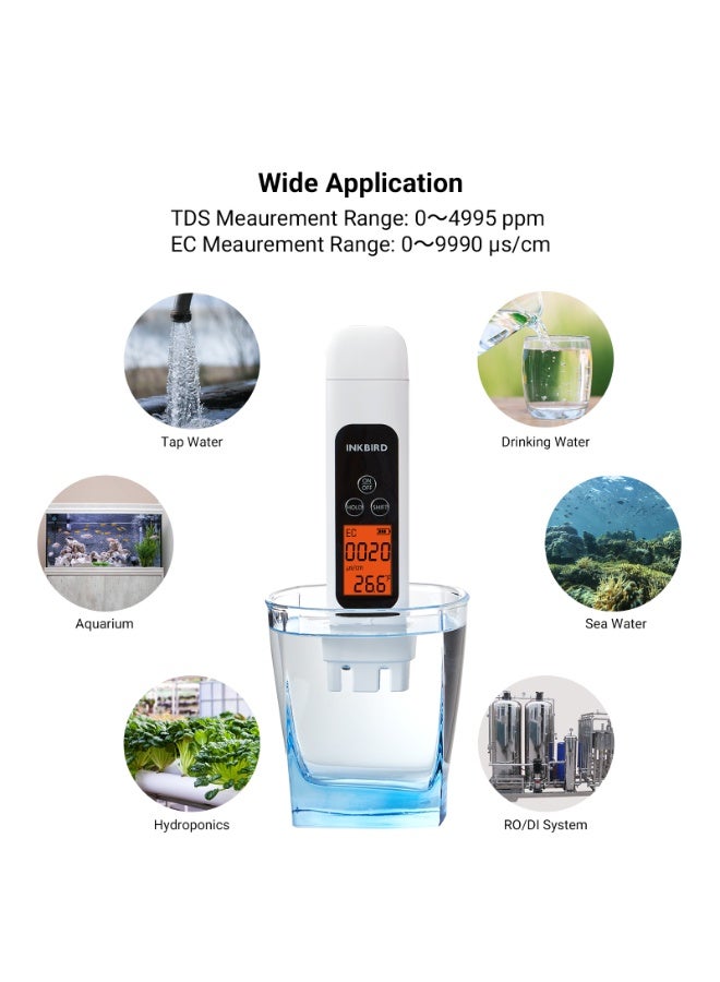 INKBIRD 3-in-1 Digital Water Quality Tester, TDS, EC & Temperature Meter, Instant High Accuracy Reading, PPM Meter with Backlit Display & Auto-Off for Drinking Water, Aquarium, Hydroponics, Pool Uses - Image 3