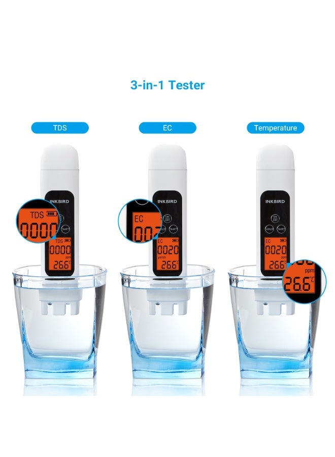 INKBIRD 3-in-1 Digital Water Quality Tester, TDS, EC & Temperature Meter, Instant High Accuracy Reading, PPM Meter with Backlit Display & Auto-Off for Drinking Water, Aquarium, Hydroponics, Pool Uses - Image 5